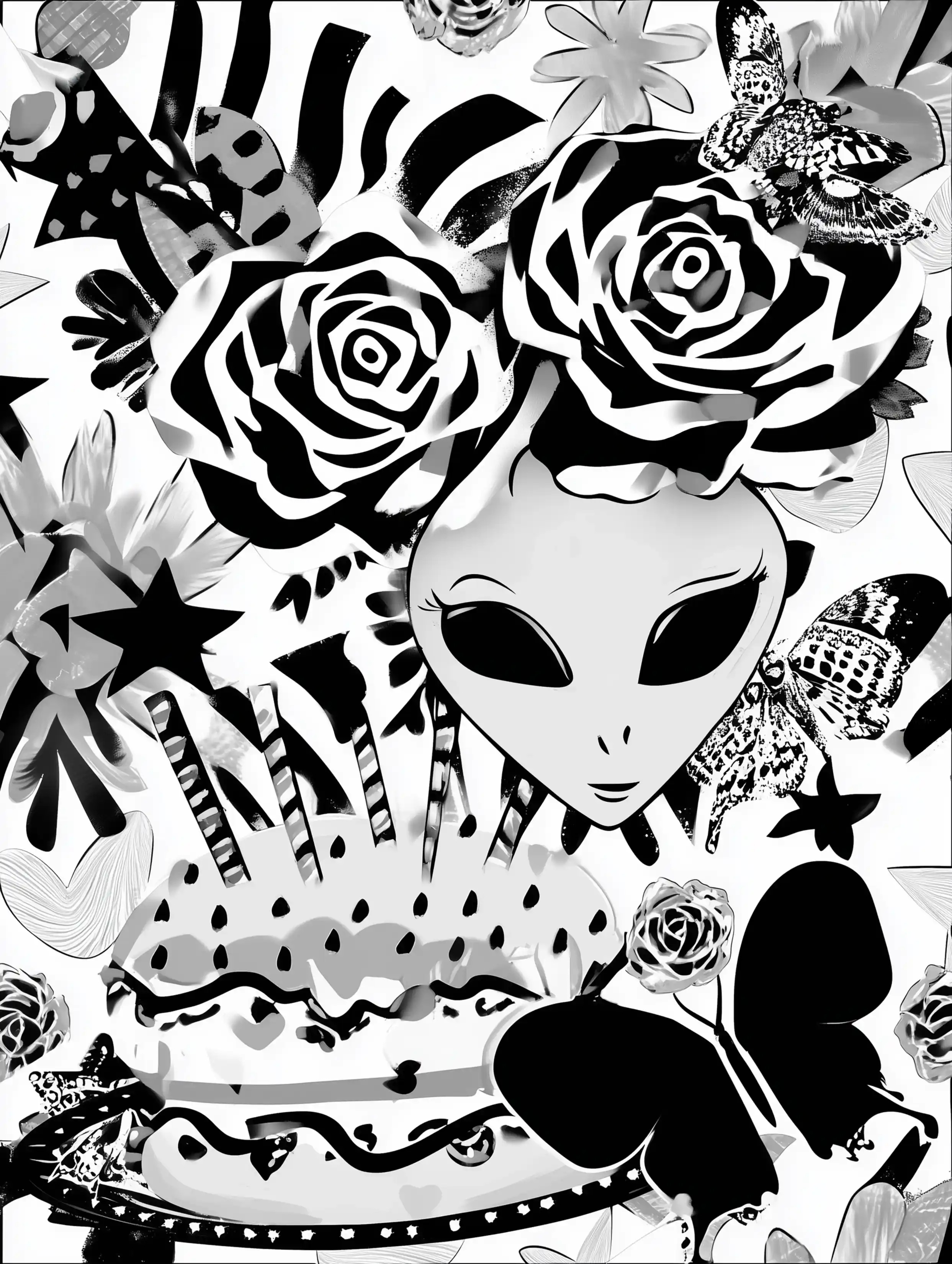 Free printable alien coloring page for adults featuring an alien head with a birthday cake